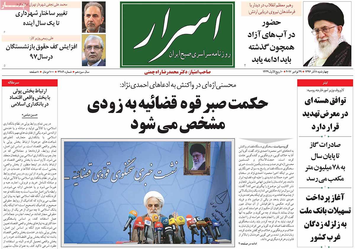 A Look at Iranian Newspaper Front Pages on November 29