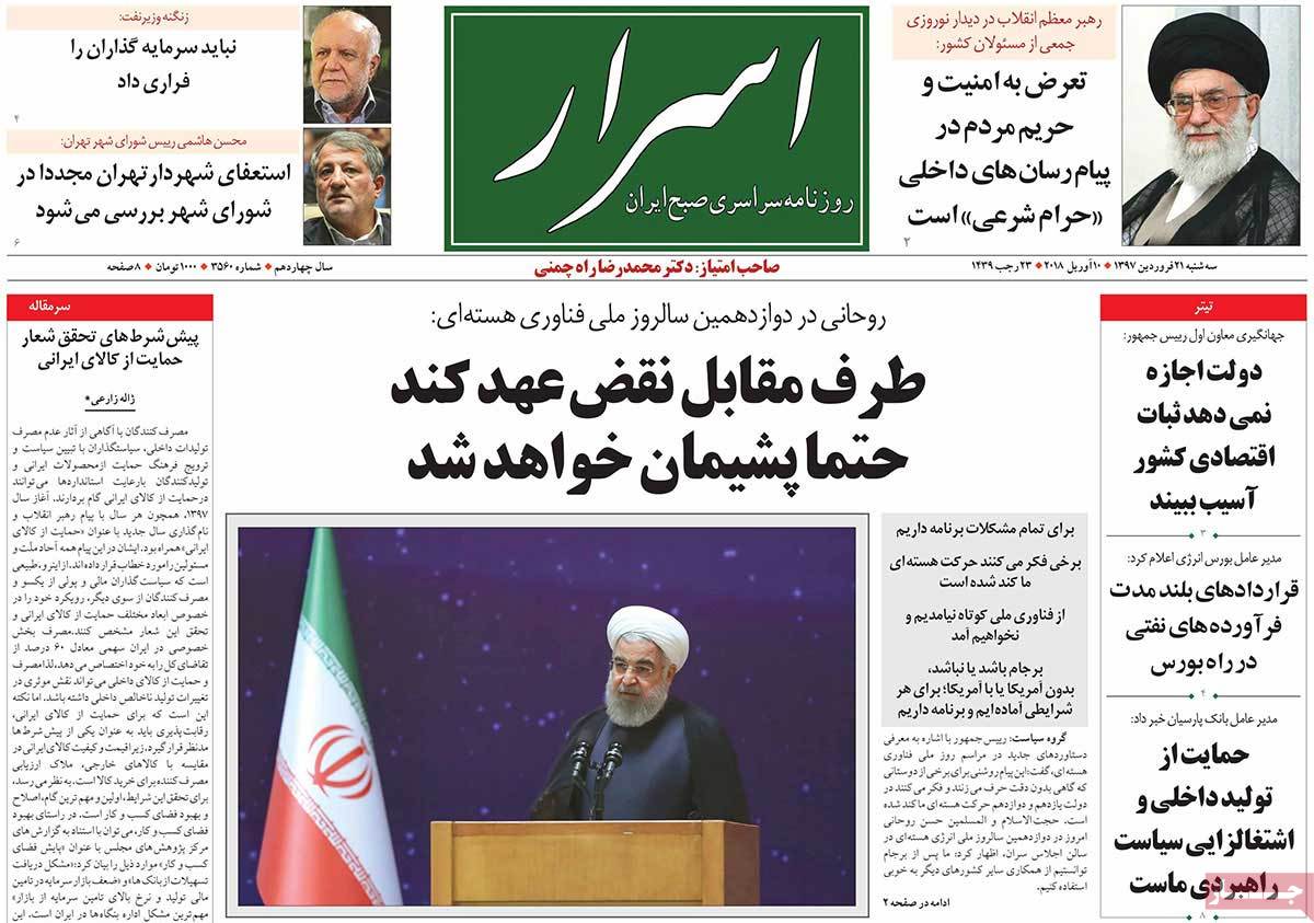 A Look at Iranian Newspaper Front Pages on April 10