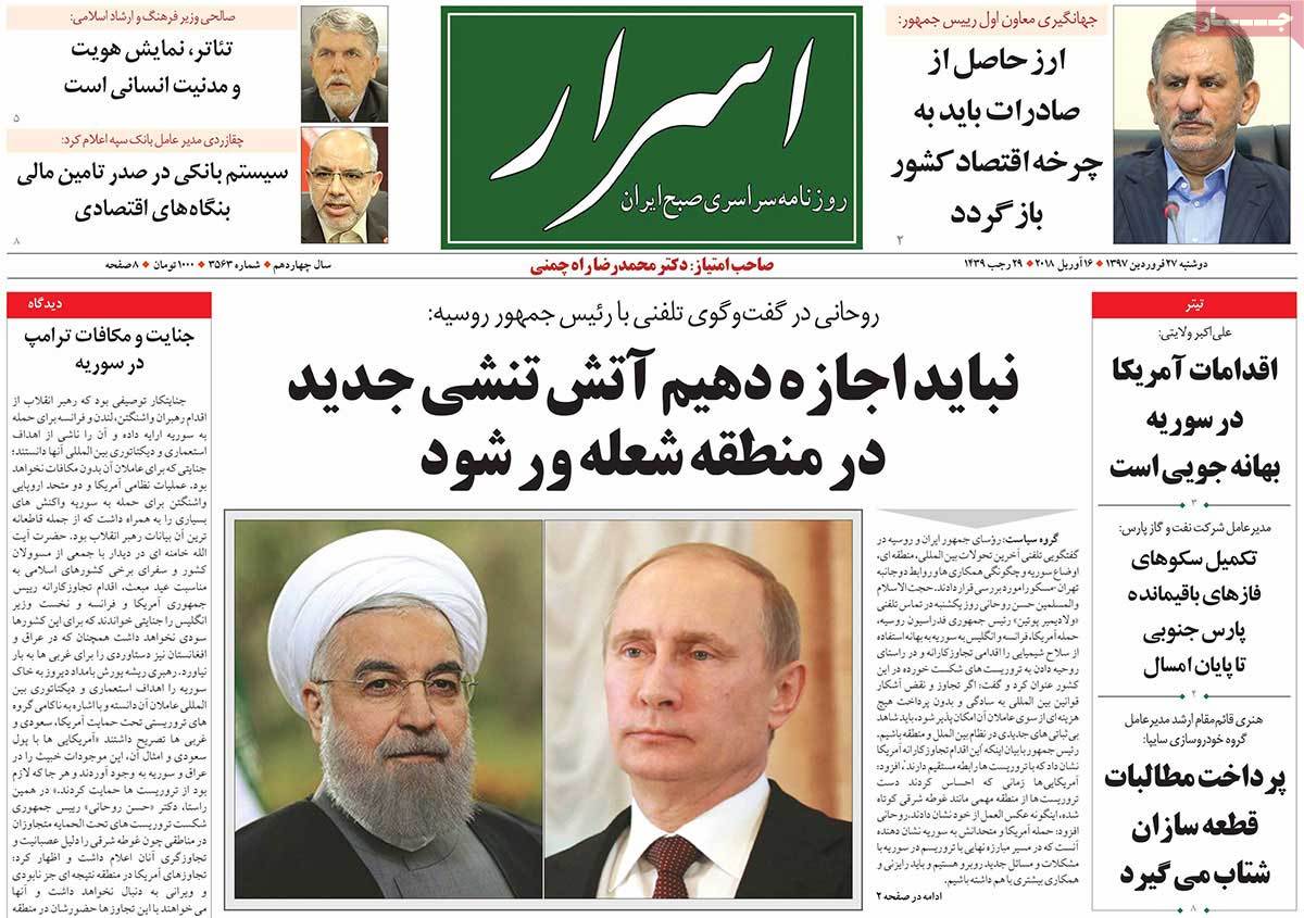 A Look at Iranian Newspaper Front Pages on April 16