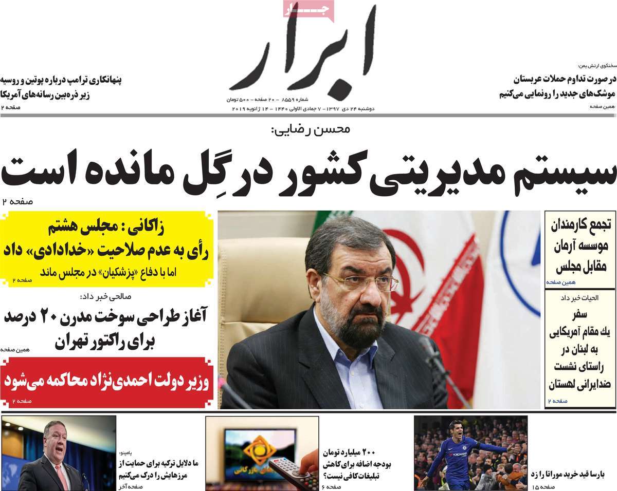 A Look at Iranian Newspaper Front Pages on January 14