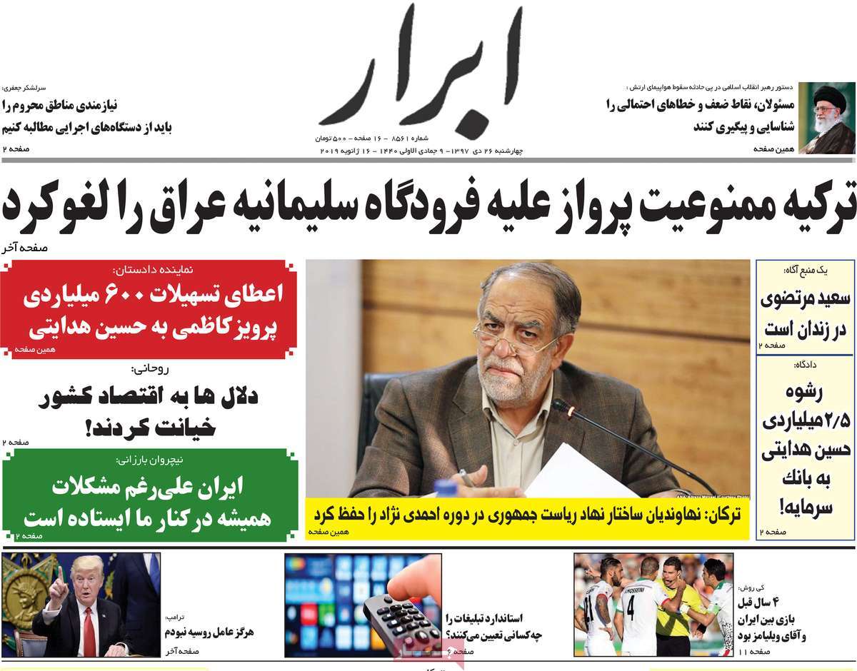 A Look at Iranian Newspaper Front Pages on January 16