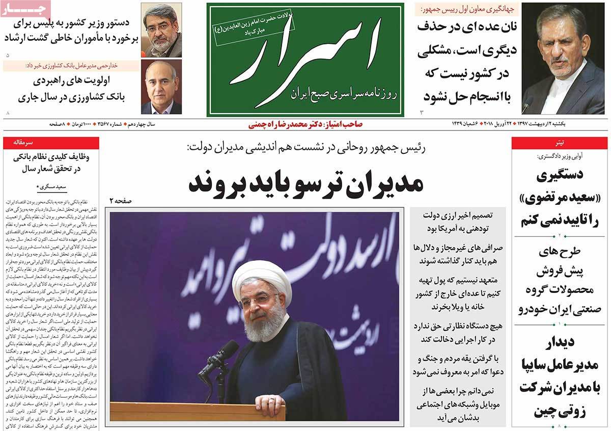 A Look at Iranian Newspaper Front Pages on April 22