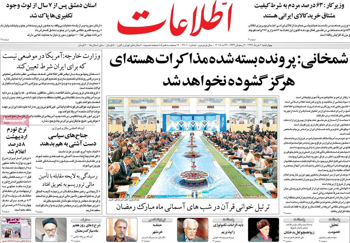 A Look at Iranian Newspaper Front Pages on May 23