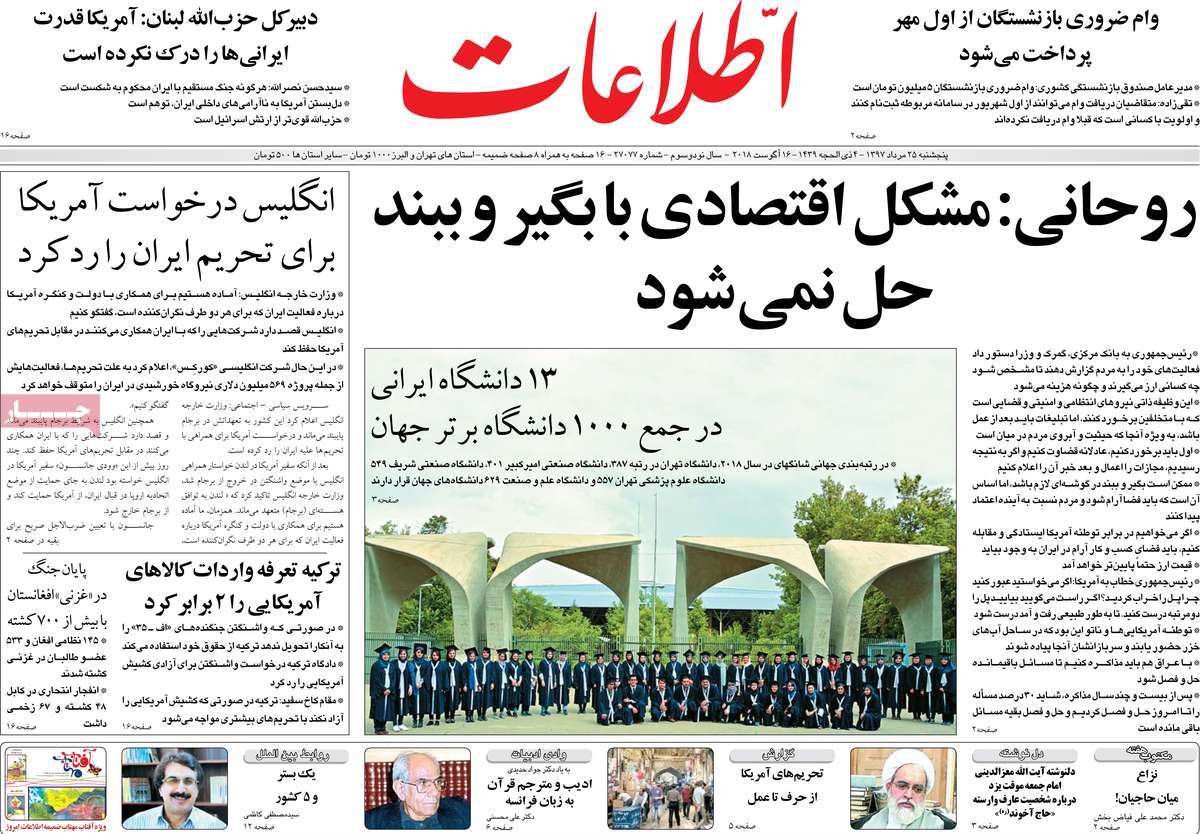 A Look at Iranian Newspaper Front Pages on August 16