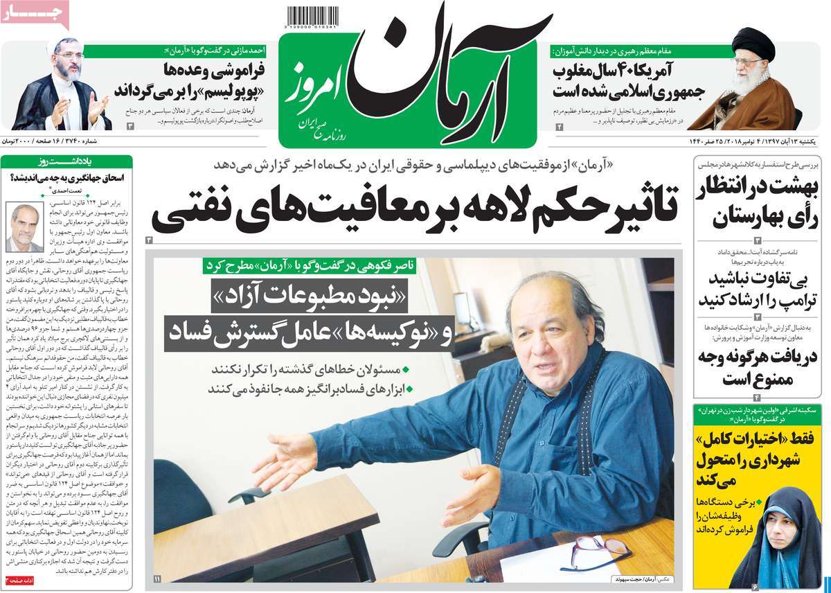 A Look at Iranian Newspaper Front Pages on November 4