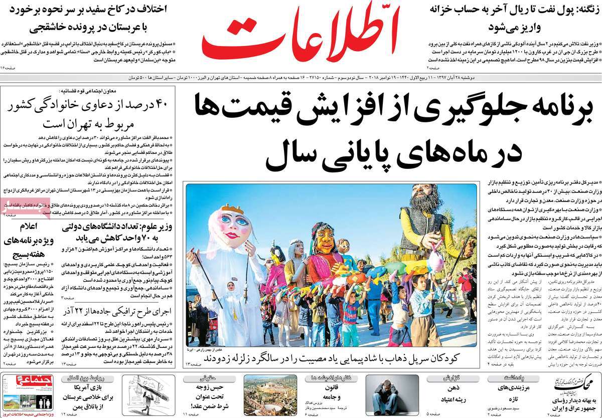 A Look at Iranian Newspaper Front Pages on November 19