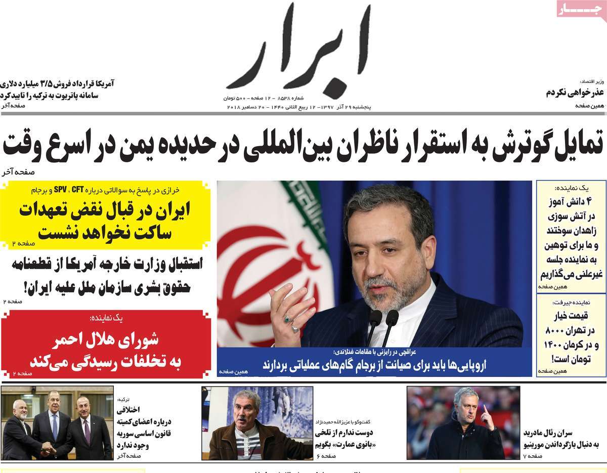 A Look at Iranian Newspaper Front Pages on December 20