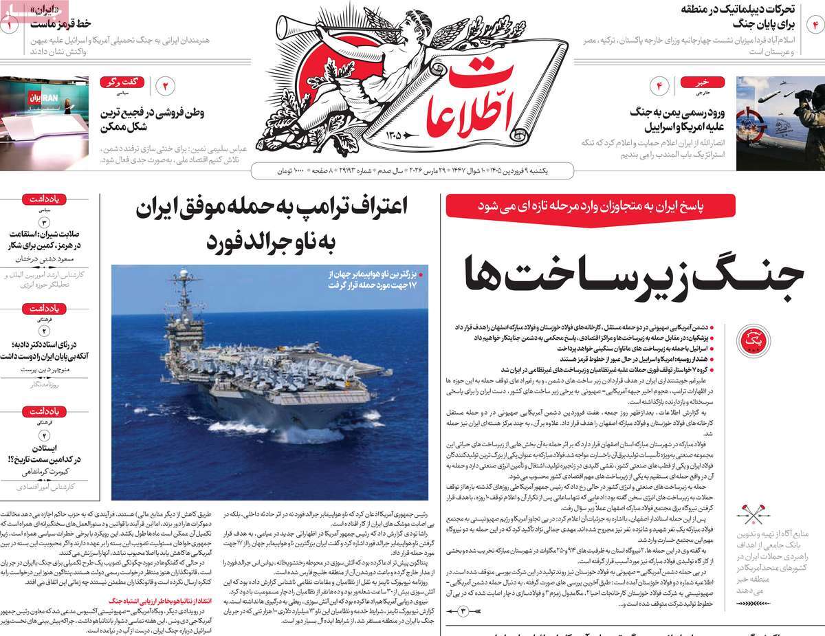 صفحه نخست روزنامه ها/ یکشنبه ۰۹ فروردین ۱۴۰۵ 6 پایگاه خبری ججین روزنامه اطلاعات